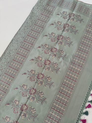 Satin Silk Saree from Banaras| Tanchoi weave | Light Gray Green | Handwoven | No Zari | Silk Mark Certified | Ships from California